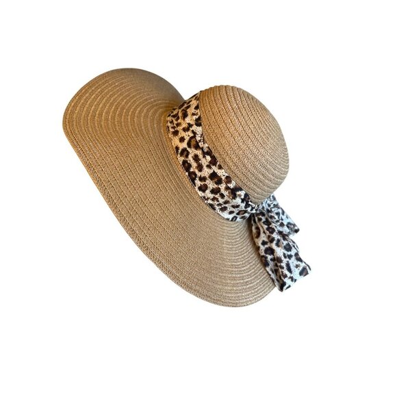 Wide Brim Straw Sun Hat With Leopard Print Ribbon Bow By Jacobson Hat - Picture 1 of 5